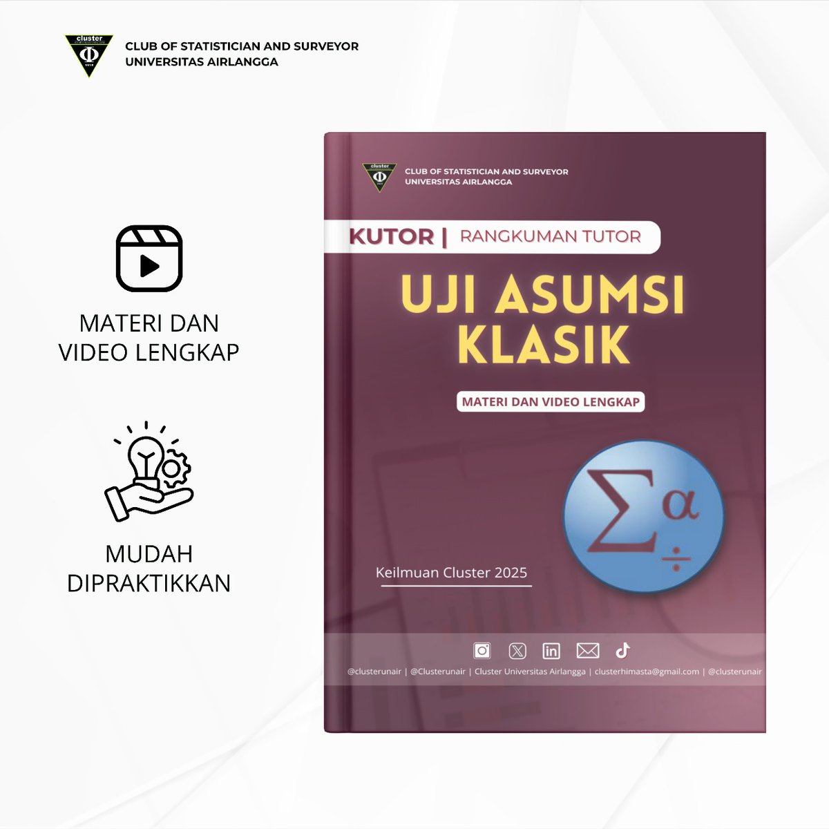⚠️ Uji statistikmu bisa gak valid...
kalau kamu belum uji asumsi

📘 KUTOR: Uji Asumsi Klasik
Panduan praktis buat kamu yang lagi  memahami uji normalitas, homogenitas, multikolinearitas, autokorelasi dan heteroskedastisitas dengan cara yang praktis, jelas, dan gak bikin pusing!