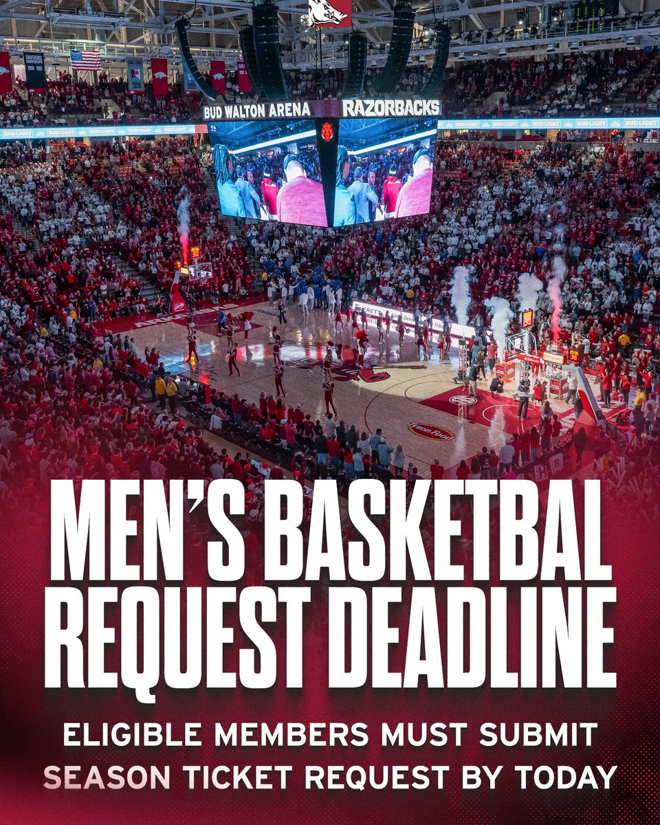 ArkRazorbacks's tweet image. Important Deadline: If you are a @RazorbackMBB season ticket holder or a @RazorFoundation member who'd like to participate in the reseat process, the deadline to submit your request for season tickets for the 2025-26 season is TODAY.
Log in to your account to get started ‡οΈβ¦