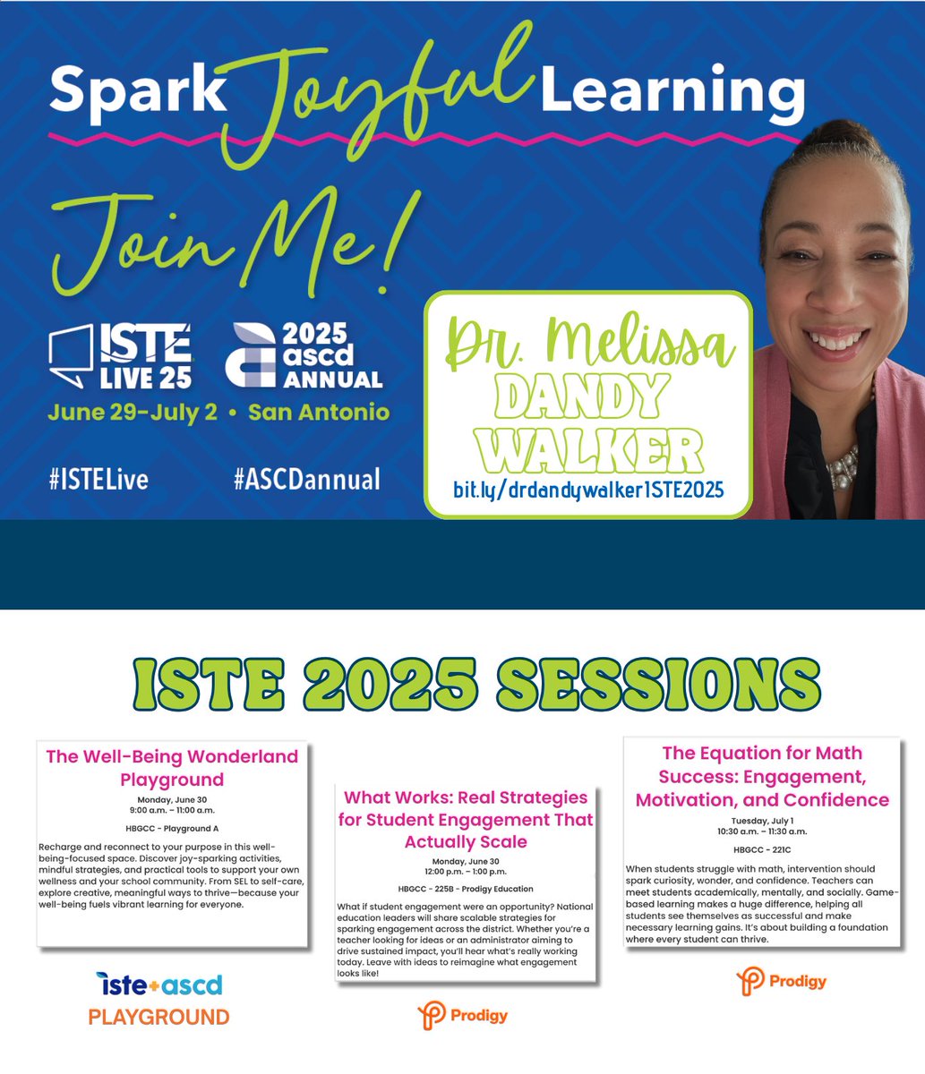 Headed to #ISTE2025? I’d love to connect!

I'm sharing what matters most to me:
✨ SEL &amp; recognition at the ISTE SEL Playground
➕ Math engagement &amp; motivation with @Prodigy

Let’s spark joy, build confidence, &amp; make math meaningful! 💙 bit.ly/drdandywalkerI…
#MathJoy #SEL