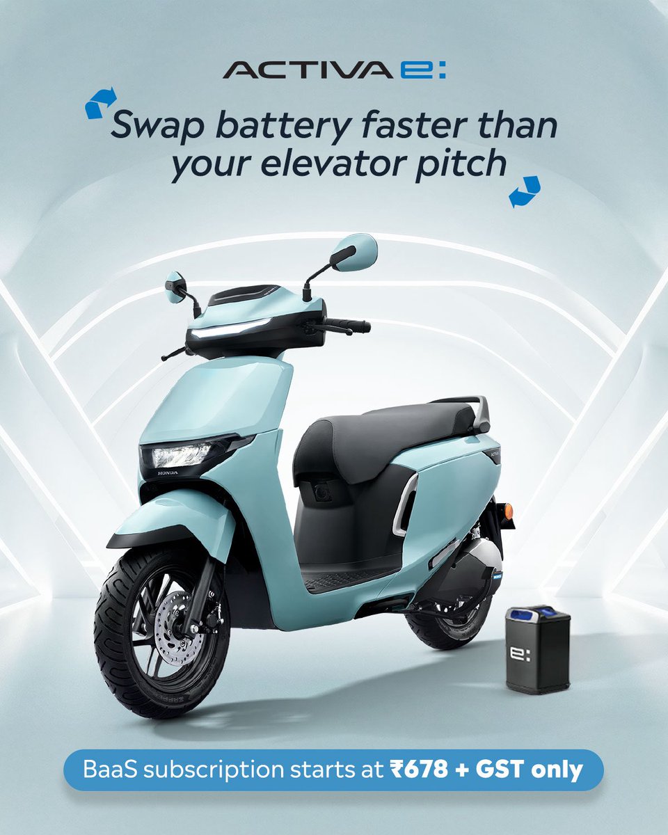 Experience unmatched ease and convenience with the Honda Activa e:  

Swap battery packs and enjoy cost-effective rides with the BaaS subscription, making electric mobility smarter and more practical than ever before. Swap Easy. Ride Easy. 

#Honda #Honda2Wheelers