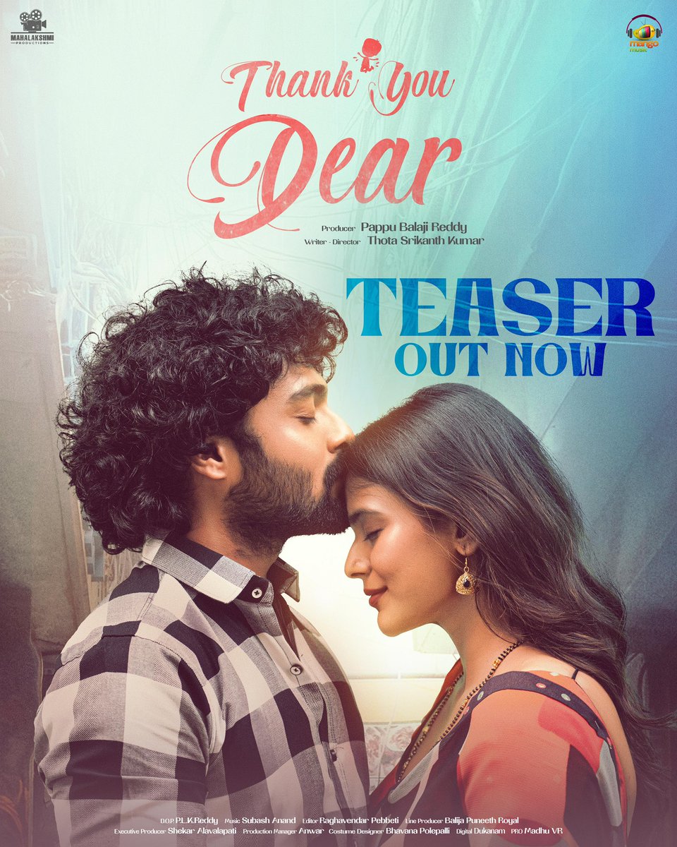 IamEluruSreenu's tweet photo. *X*
A glance into love, choices, and the unexpected turns of life…
Presenting the Teaser of #ThankYouDear ❤️
🔗 https://t.co/SZqGZIybDa
@dhanush_vk @ihebahp #RekhaNirosha #ThotaSrikanthKumar #PappuBalajiReddy #ShubhashAnand #RaghavenderPebbeti #PLKReddy #BalijaPuneethRoyal @MahalakshmiPrd @MangoMusicLabel #BhavanaPolepalli @VRMadhuPR