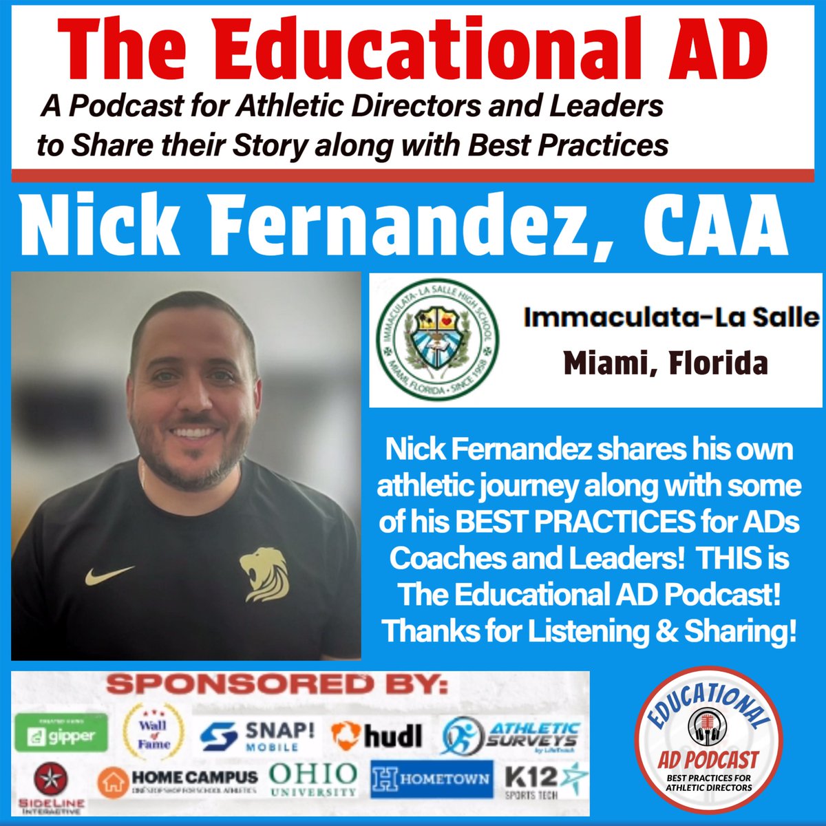 Jake von Scherrer, CMAA The Educational AD Podcast (@jakestouchdown) on Twitter photo Nick Fernandez, CAA shares BEST Practices for ADs on The Educational AD Podcast!
open.spotify.com/episode/7FqD1W… <a href="/AD__insider/">Athletic Director Insider</a> <a href="/coach_ad/">Coach & AD Magazine</a> <a href="/FIAAANews/">FIAAA</a> <a href="/FHSAA/">FHSAA</a> <a href="/FACACoach/">FACA</a> <a href="/MDCPS/">Miami-Dade Schools</a> <a href="/FLgridironpreps/">Florida Gridiron Preps</a> <a href="/RiggJim/">Jim Rigg</a> <a href="/SFHSSports/">Florida Kids Football</a> <a href="/NIAAA9100/">NIAAA</a> <a href="/Hudl/">Hudl</a> <a href="/onsnapmobile/">Snap! Mobile</a> <a href="/GADACOACHES/">GADA</a> <a href="/IllinoisAD/">IADA</a> <a href="/IOWAHSADA/">IHSADA</a> <a href="/VIAAA95/">VIAAA</a> Nick Fernandez, CAA shares BEST Practices for ADs on The Educational AD Podcast!
open.spotify.com/episode/7FqD1W… <a href="/AD__insider/">Athletic Director Insider</a> <a href="/coach_ad/">Coach & AD Magazine</a> <a href="/FIAAANews/">FIAAA</a> <a href="/FHSAA/">FHSAA</a> <a href="/FACACoach/">FACA</a> <a href="/MDCPS/">Miami-Dade Schools</a> <a href="/FLgridironpreps/">Florida Gridiron Preps</a> <a href="/RiggJim/">Jim Rigg</a> <a href="/SFHSSports/">Florida Kids Football</a> <a href="/NIAAA9100/">NIAAA</a> <a href="/Hudl/">Hudl</a> <a href="/onsnapmobile/">Snap! Mobile</a> <a href="/GADACOACHES/">GADA</a> <a href="/IllinoisAD/">IADA</a> <a href="/IOWAHSADA/">IHSADA</a> <a href="/VIAAA95/">VIAAA</a>