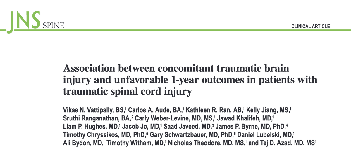 Concomitant traumatic brain injury (cTBI) in patients with spinal cord injury (SCI) is an understudied pathology

🔍 Our group has been working to characterize treatment delays and long-term outcomes for these patients

(Thread 1/6)