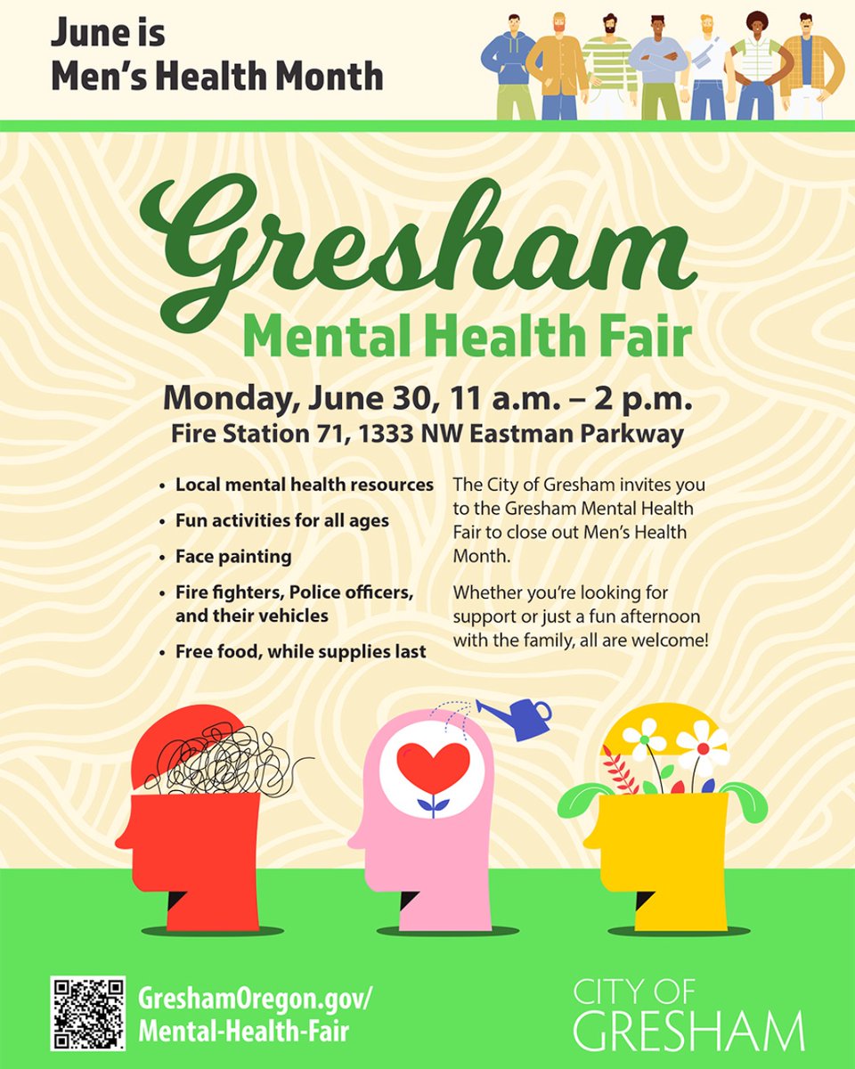 Don't miss the Mental Health Fair today!

📅 Mon, June 30, 11—2 
📍Fire Station 71—1333 NW Eastman Pkwy

This free, family-friendly event features:
• Local mental health resources
• Fun activities
• Face painting
• Fire &amp; Police vehicles
• Free food

greshamoregon.gov/events/2025/co…