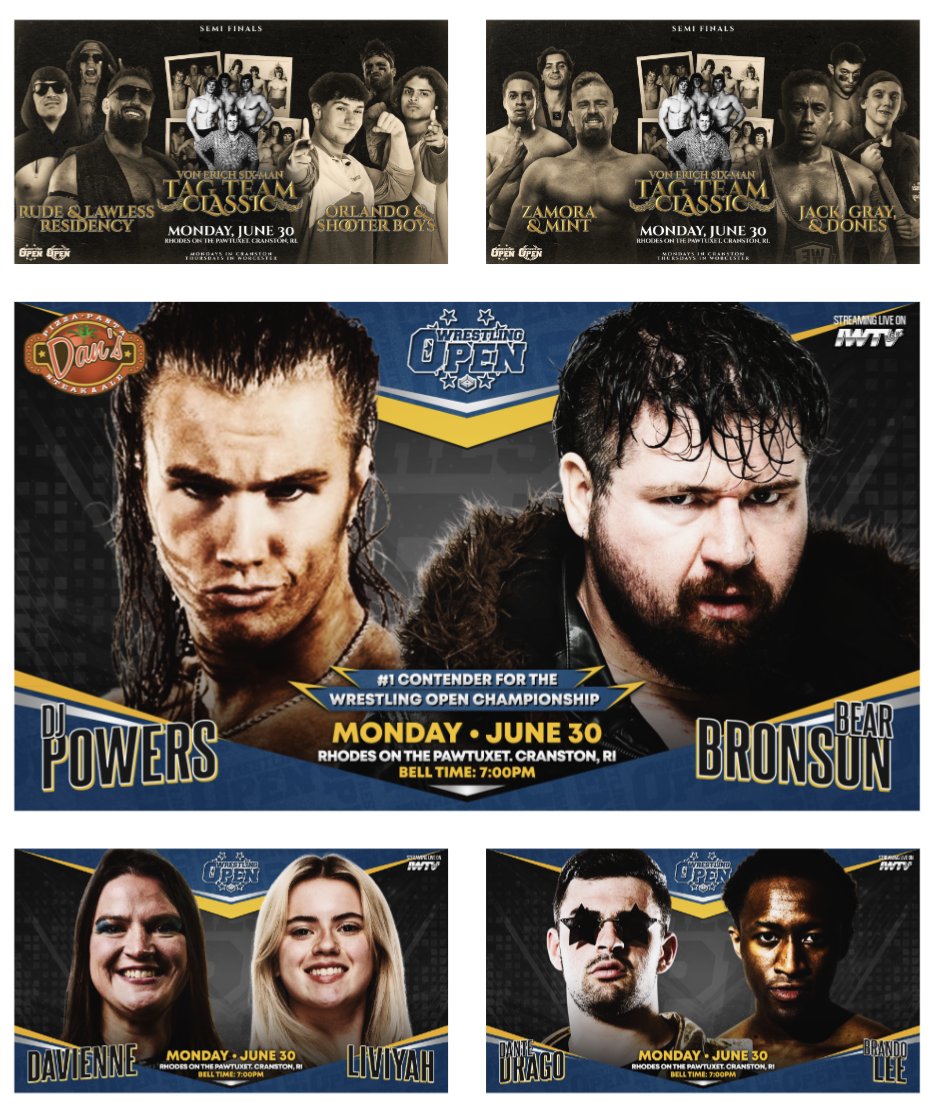 Rhodes On The Pawtuxet in Cranston, Rhode Island hosts <a href="/WrestlingOpenRI/">Wrestling Open RI</a> tonight and every Monday night summer long!

Lineup: beyondwrestlingonline.com/rhodes

Stream LIVE on <a href="/indiewrestling/">IWTV</a> starting at 6:45pm ET featuring both semifinal matches in the Von Erich Six-Man Tag Team Classic!