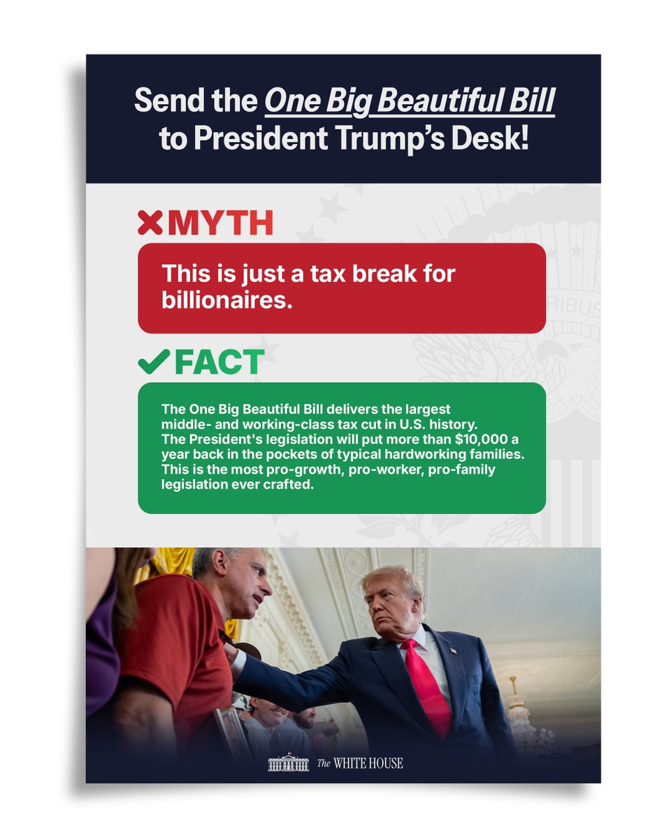 ✅ The One Big Beautiful Bill will put more than $10,000 a year back in the pockets of typical, hardworking families. This is the most pro-growth, pro-worker, pro-family legislation ever crafted.