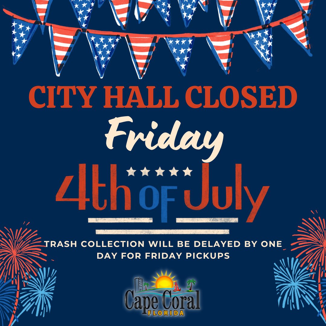 🇺🇸 City Hall &amp; offices closed Friday, July 4. Open again Monday, July 7.

Trash pickup delayed by one day for Friday routes.

311 &amp; Water Services:
❌ Closed July 4
💧 Pay water bill online, via 311 app, or drop box at City Hall