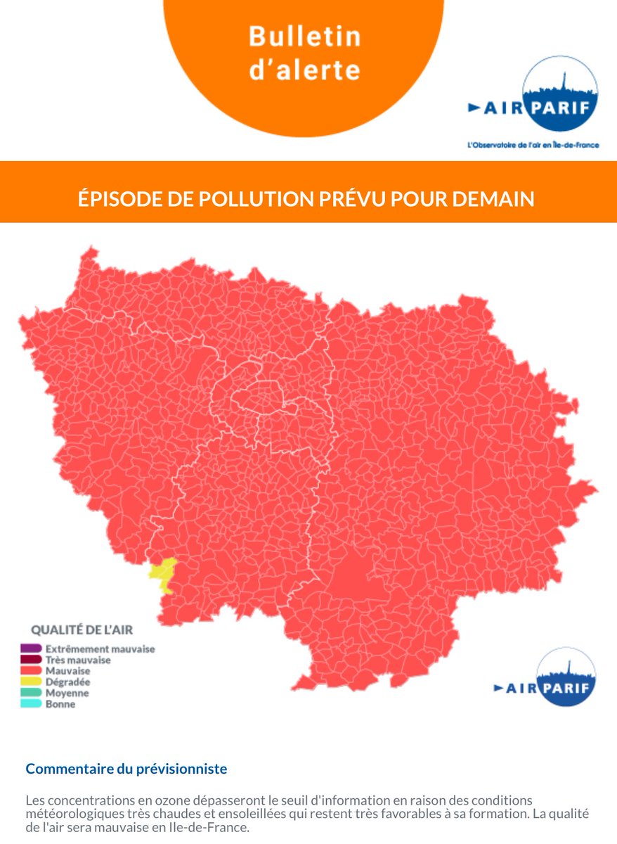 Les niveaux d’ozone sont très élevés en Île de France et un pic de pollution est à prévoir demain.
Évitez le sport en plein air et reportez les déplacements en voiture si vous le pouvez ! #AirPollution