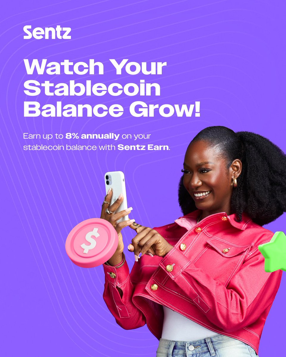 sentzapp_ng's tweet photo. Your stablecoins could be earning you up to 8% annually with Sentz Earn! No lock-ups required; just enjoy daily compounding rewards. 
Download Sentz and opt in to start earning today! 💰
#SentzEarn #Sentz https://t.co/ZWfcQE6IWq