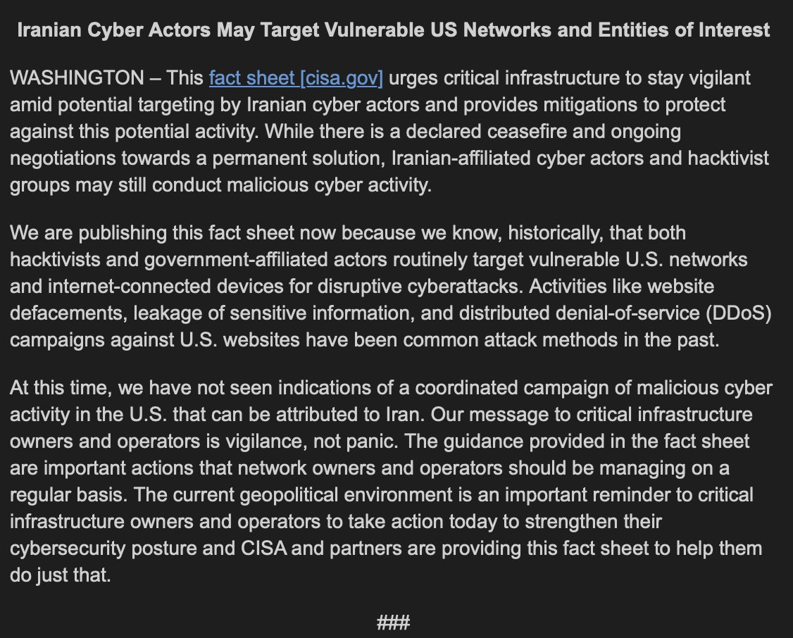 CISA warning American critical infrastructure companies/operators they may be targeted by Iranian cyber actors/hackers. Right now there's no indication of a "coordinated campaign" of malicious cyber activity from Iran - but this comes in wake of US strikes on Iran last week