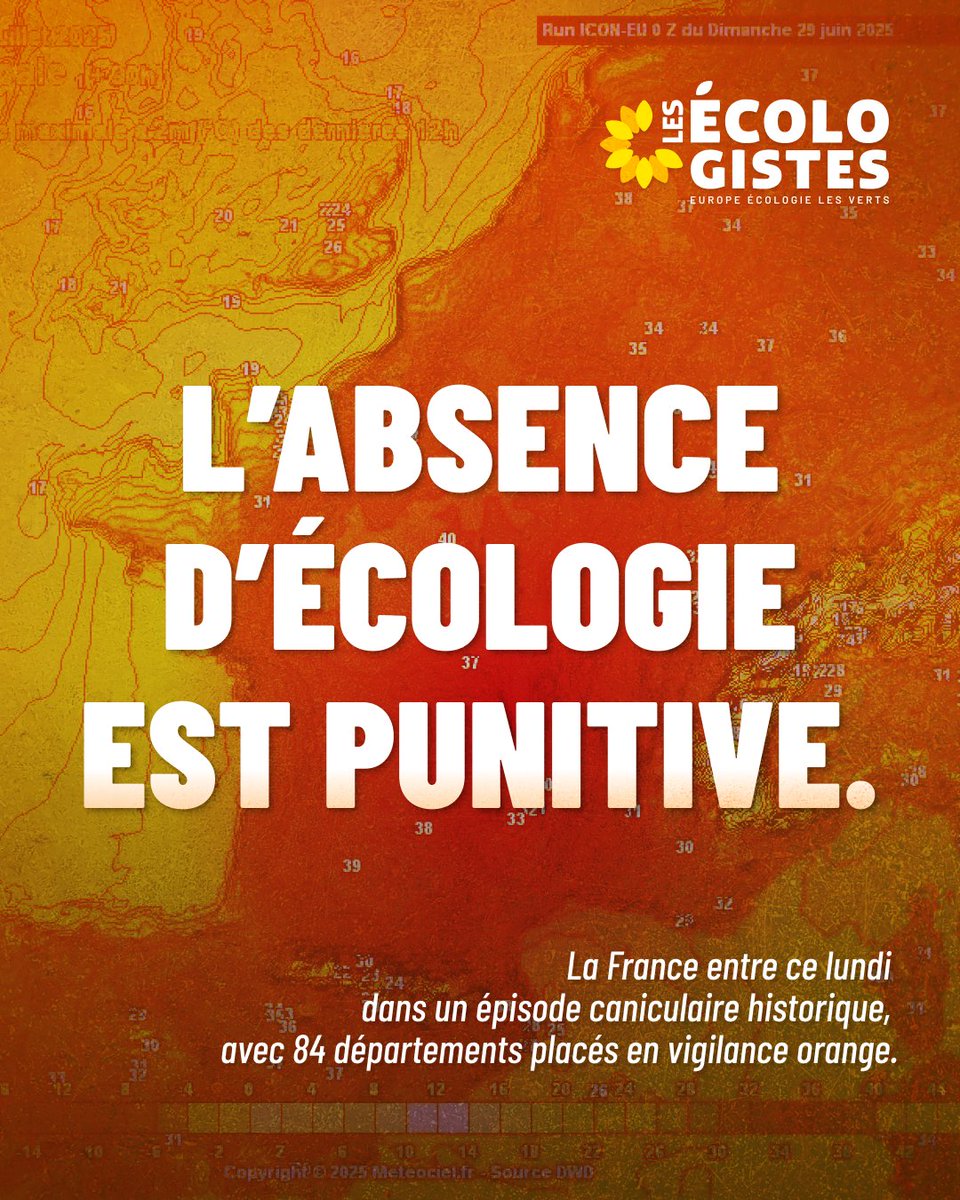 🔥 L'absence d'écologie est punitive.

La canicule historique qui frappe la France, avec 84 départements en vigilance orange, est une conséquence directe et brutale du dérèglement climatique.