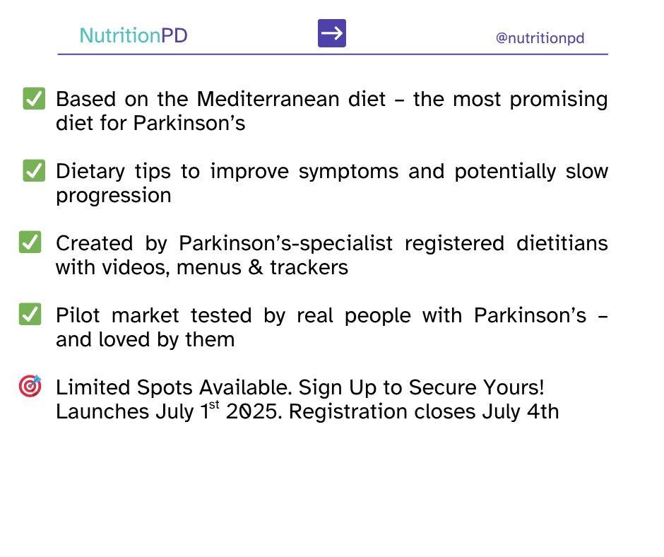NutritionPD's tweet image. 🎉 LAUNCH ANNOUNCEMENT 🎉
Tomorrow we're launching @NutritionPD — an evidence-based online course for Parkinson’s.
🥗 Based on the Mediterranean diet
👩⚕️ Designed by PD-specialist dietitians
💬 89% in pilot would recommend
❗ £100 | Limited spots (register by July 4)
🔗 Link in…