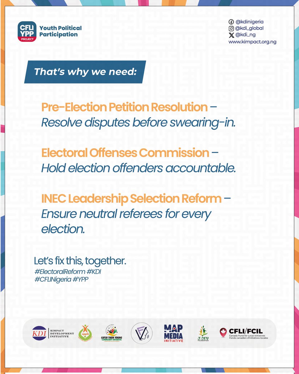 KDI_ng's tweet image. Swearing-in shouldn’t happen under a cloud of unresolved disputes.
Let’s fix the system for peace, for progress and true democracy.
#ElectoralReform #KDI #CFLINigeria #YPP
@jdevfoundation
@mapdiafrica
@CppliOfficial
@catycoi
@FVDFOUNDATION