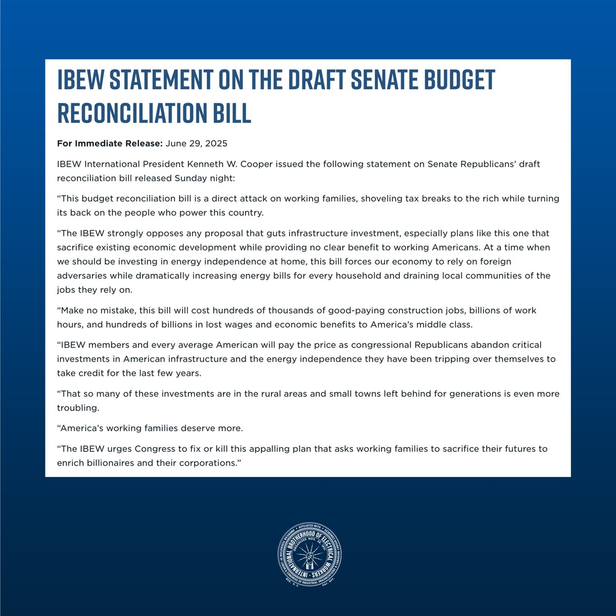 "At a time when we should be investing in energy independence at home, the GOP's tax bill forces our economy to rely on foreign adversaries while increasing energy bills and draining communities of the jobs they rely on." bit.ly/3I17LVj