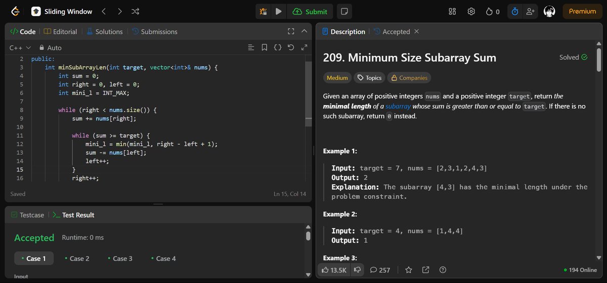B_Furqan07's tweet image. ✅ Day 122 — Minimum Size Subarray Sum
📌 Find the smallest window with sum ≥ target
🪟 Sliding window shrinks from the left when condition met
🕒 Runtime: 0 ms
#LeetCode #SlidingWindow #TwoPointers #100DaysOfCode #C++