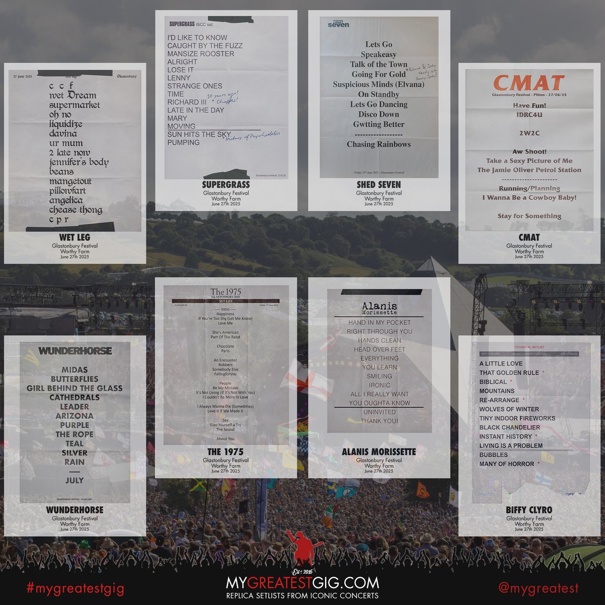 greatestgig's tweet image. 🎸 Glastonbury 2025 – Relive every epic set! 🎶

Just home from Worthy Farm? 🌾 We’ve made 32+ replica setlists from Glasto 2025 

Don’t see your fave? DM us for a custom, stage-accurate version! 🔥

👉 MyGreatestGig.com

#Glastonbury2025 #MyGreatestGig #ReplicaSetlist