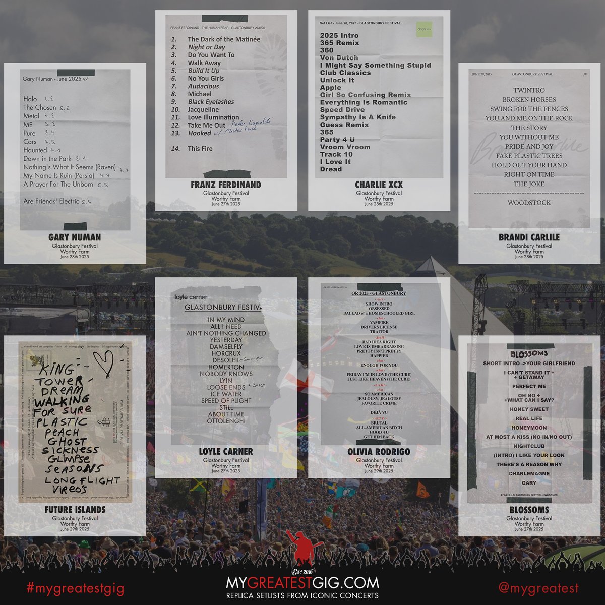 greatestgig's tweet image. 🎸 Glastonbury 2025 – Relive every epic set! 🎶

Just home from Worthy Farm? 🌾 We’ve made 32+ replica setlists from Glasto 2025 

Don’t see your fave? DM us for a custom, stage-accurate version! 🔥

👉 MyGreatestGig.com

#Glastonbury2025 #MyGreatestGig #ReplicaSetlist