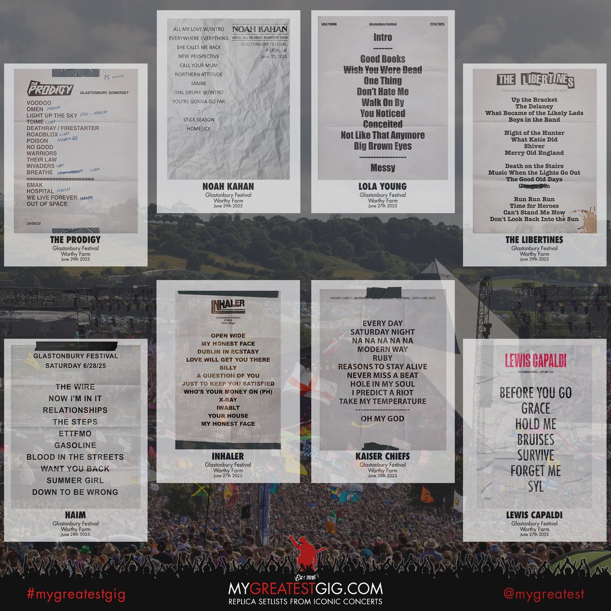 greatestgig's tweet image. 🎸 Glastonbury 2025 – Relive every epic set! 🎶

Just home from Worthy Farm? 🌾 We’ve made 32+ replica setlists from Glasto 2025 

Don’t see your fave? DM us for a custom, stage-accurate version! 🔥

👉 MyGreatestGig.com

#Glastonbury2025 #MyGreatestGig #ReplicaSetlist