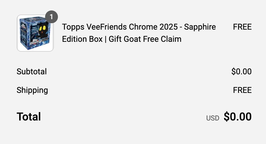 Gift Goats 🎁🐐

Your last chance to claim Topps VeeFriends Chrome - Sapphire Edition is NOW!! If you have any issues please please email giftgoat@veefriends.com ASAP!!