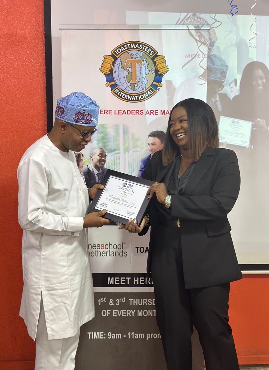 Certificate of Appreciation Presented to TM Bukola Ayeni, the outgoing President.🏆

Certificate presented by the Charter President, Distinguish Toastmaster Lere Baale and the outgoing President, TM Bukola Ayeni.

Congratulations and thank you for your service. 🥳🥳🥳🥳