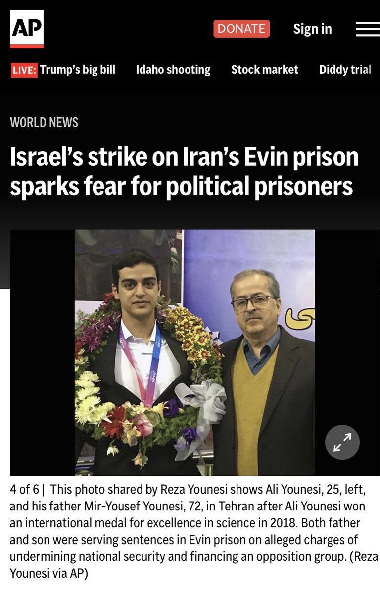 Reza Younesi رضا يونسى (@rezayounesi) on Twitter photo A brother disappears, via <a href="/AP/">The Associated Press</a>
Reza Younesi’s father and younger brother, Ali, have both been imprisoned at Evin for years. Now the family is terrified because Ali has disappeared. Days before the strike on Evin, Ali was dragged out of his ward and taken to an unknown location, A brother disappears, via <a href="/AP/">The Associated Press</a>
Reza Younesi’s father and younger brother, Ali, have both been imprisoned at Evin for years. Now the family is terrified because Ali has disappeared. Days before the strike on Evin, Ali was dragged out of his ward and taken to an unknown location,