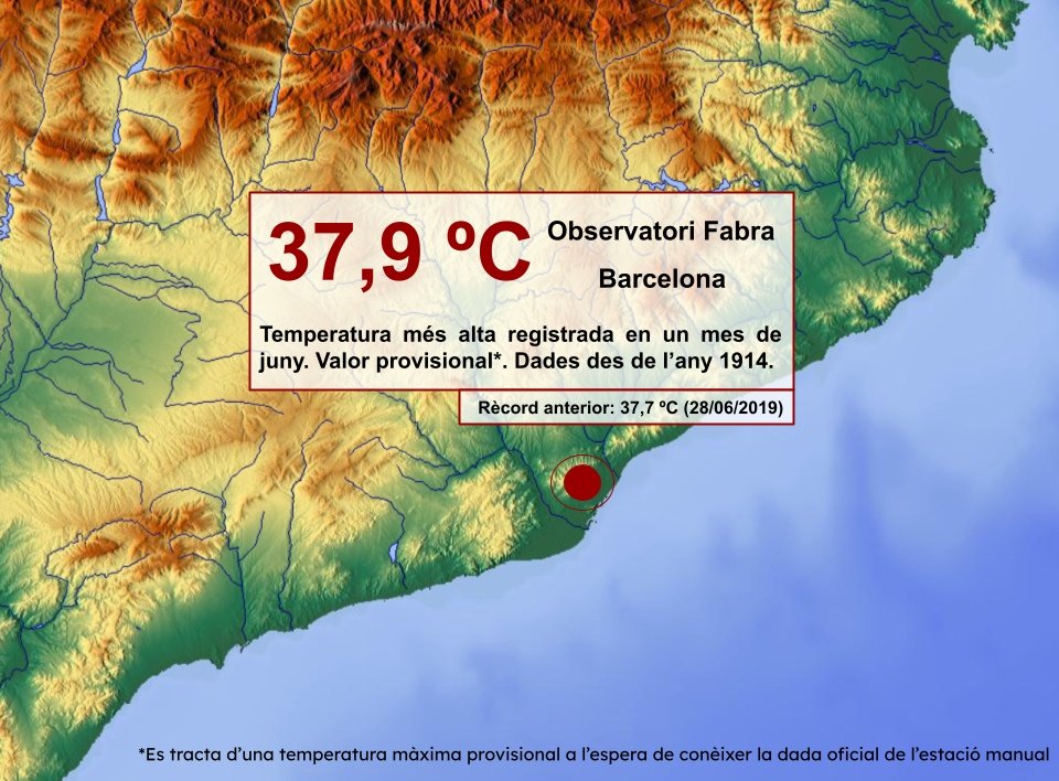 RÈCORD. L'Observatori Fabra ha registrat fa uns minuts 37,9 °C. A l'espera de conèixer la dada oficial, es tractaria de la temperatura més alta registrada en un mes de juny des que hi ha dades a l'observatori (any 1914).