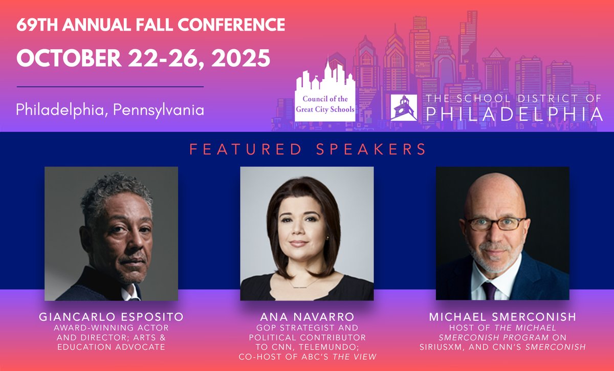 CGCS (@greatcityschls) on Twitter photo Registration is now open for the Council of the Great City Schools’ 69th Annual Fall Conference in Philadelphia, Oct. 22-26. Hosted by <a href="/PHLschools/">Philadelphia Schools</a> under the banner "We Are Public Education, Defining the Future."
For more information visit: tinyurl.com/2b6zwvcv Registration is now open for the Council of the Great City Schools’ 69th Annual Fall Conference in Philadelphia, Oct. 22-26. Hosted by <a href="/PHLschools/">Philadelphia Schools</a> under the banner "We Are Public Education, Defining the Future."
For more information visit: tinyurl.com/2b6zwvcv