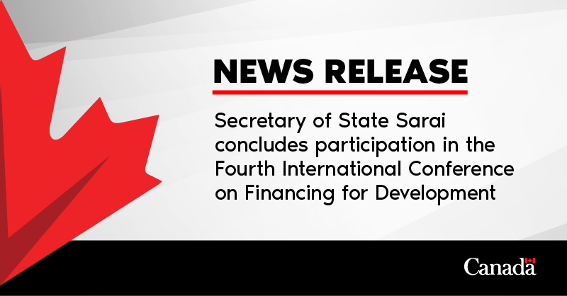 CanadaDev's tweet photo. Secretary of State Sarai announces initiatives to reaffirm Canada’s commitment to mobilize all sources of finance for global development. #FFD4 

@UN

Learn more ⬇️