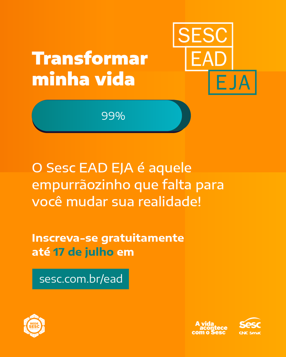 A sua transformação de vida está quase completa! Falta só um passo.

O Sesc EAD EJA é aquele empurrãozinho que faz toda a diferença na hora de mudar de vida. 

Inscreva-se até 17 de julho em sesc.com.br/ead e dê o próximo passo agora! #Educação #Sesc #SescEADEJA