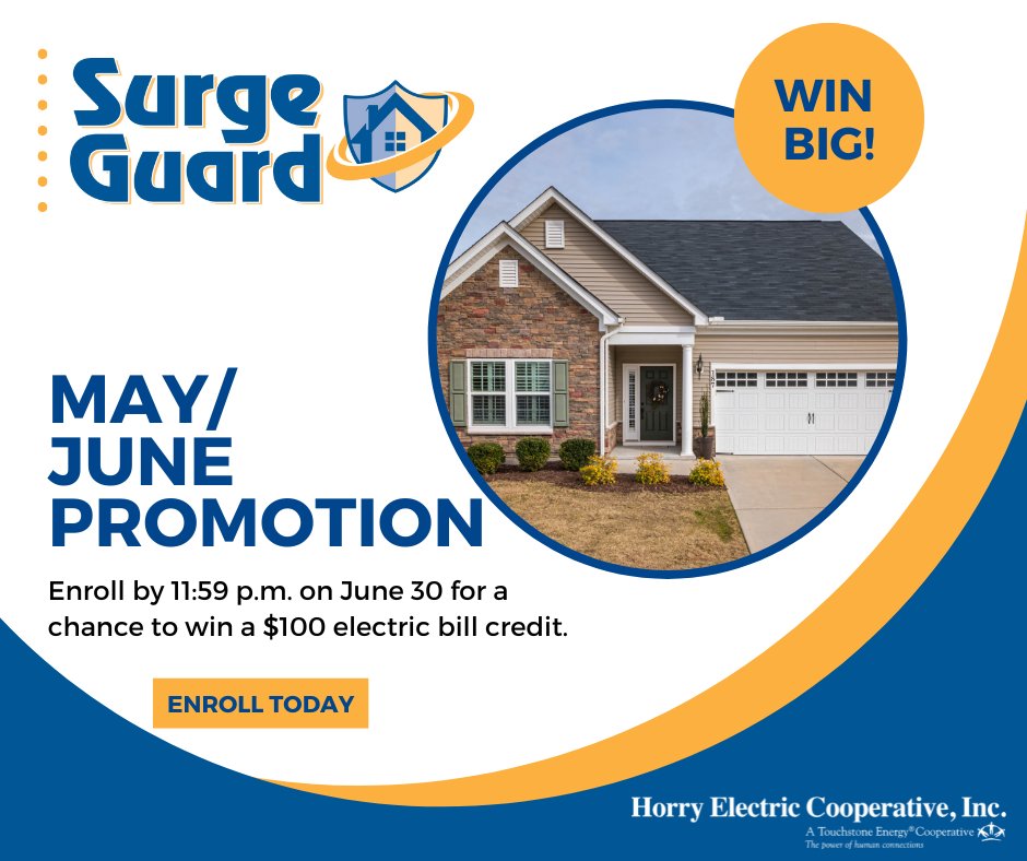 ⚡ LAST DAY! Enroll in Horry Electric's Surge Guard program to help protect your home from nearby lightning strikes and power surges.

Sign up online: horryelectric.com/surge-guard-fo…. Submit your form by 11:59 p.m. for a chance to win a $100 electric bill credit.