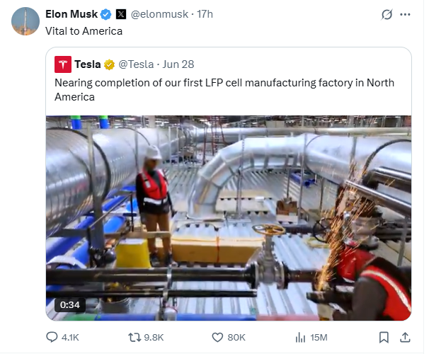 VictorVescovo's tweet image. Posted just today by Tesla: They are nearing completion of their first facility in the US to manufacture renewable batteries: "LFP" batteries (Lithium Iron Phosphate), which do not use the only metals one can obtain from seafloor nodules: nickel, cobalt, manganese, or copper.