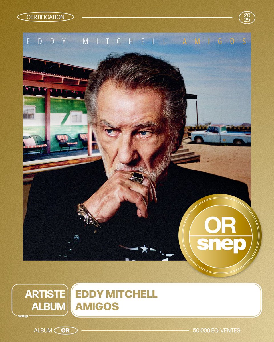 L'album « Amigos » d’Eddy Mitchell est certifié Or ! 📀

50 000 équivalents ventes 📈

Bravo ! 👏