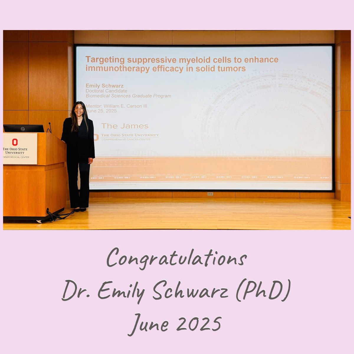 CarsonLabOSU's tweet image. Exciting news in the Carson Lab, this past Friday! Our very own Emmy Schwarz, a graduate student of Biomedical Science passed her candidacy and will receive her doctorate in August. We are proud of you, Emmy!