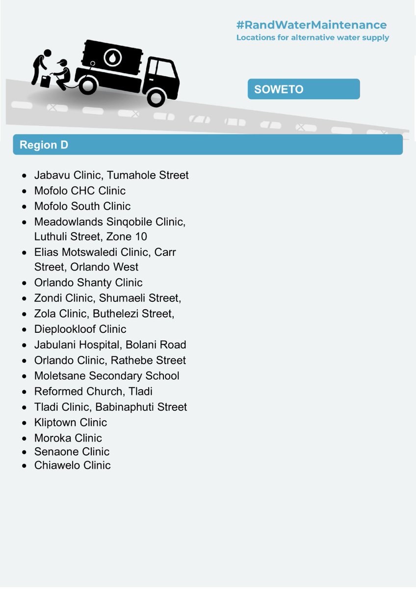JHBWater's tweet photo. #RandWaterMaintenace Alternative Water Supply – Region D #Soweto
🔗 Check the list to find the nearest alternative water point in your area
#WeServeJoburg #JoburgUpdates #RegionD https://t.co/XbTrkQV4p9