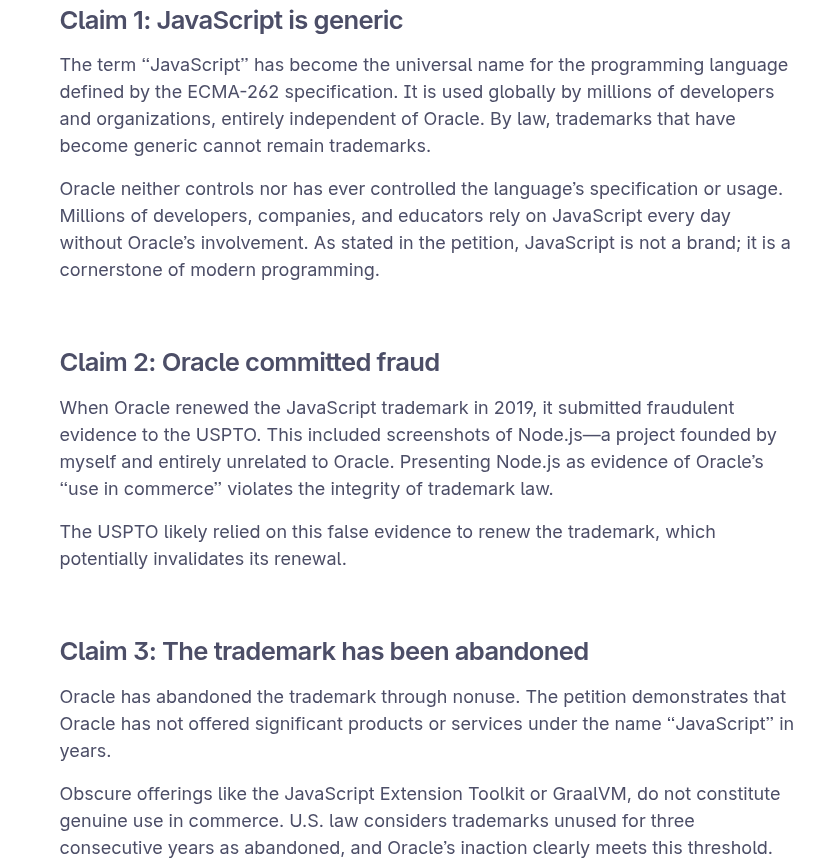x14c3's tweet image. Společnost Oracle vlastní ochrannou známku JAVASCRIPT. Komunita kolem programovacího jazyka JavaScript zastoupena společností Deno Land vede právní bitvu za její osvobození. Do 7. srpna se má Oracle vyjádřit k petici a otevřenému dopisu.
#FreeJavaScript