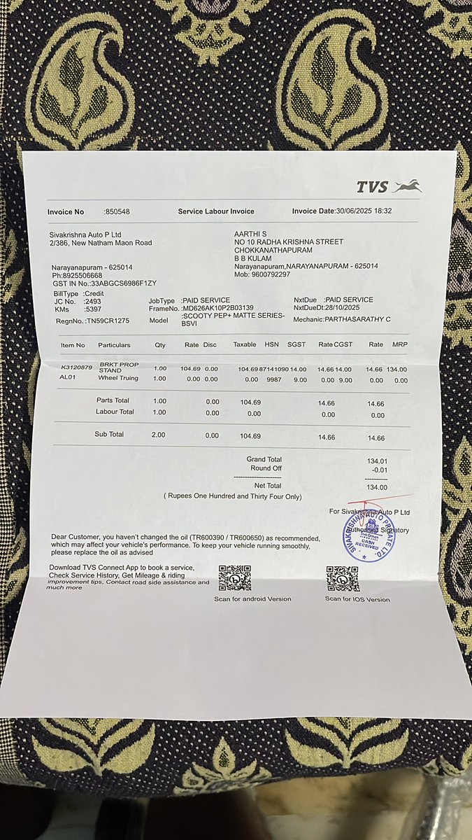 krishnadheep's tweet photo. @tvsmotorcompany The Side Stand Stay was replaced. I paid for the stay (Bill Attached). A refund was issued for the Side Stand which was changed unnecessarily on 13th June. Thirumani took ownership and resolved the issue. https://t.co/FEuZP2u9US