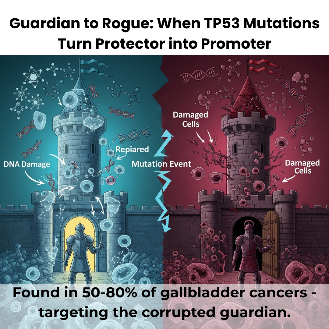 Jarurat_care's tweet photo. Over half of gallbladder & bile duct cancers have a mutated #TP53 gene-it’s like a broken security guard, letting damaged cells grow unchecked. Researchers are now working to fix or target this gene to fight cancer.
#CancerResearch #CancerAwareness #Oncology #GBC #decodecancer https://t.co/EZkqRx2Nvu