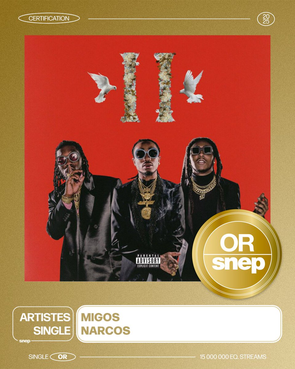 Le titre « Narcos » de Migos est certifié Single Or ! 📀

15 000 000 équivalents streams 🎧

Bravo ! 👏