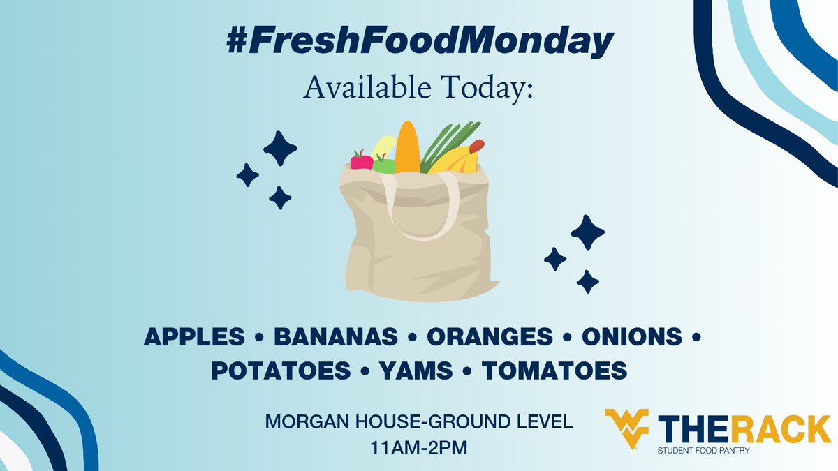 Stop by for fresh produce today from 11am-2pm while supplies last!

#FreshFoodMonday #WVUTheRack