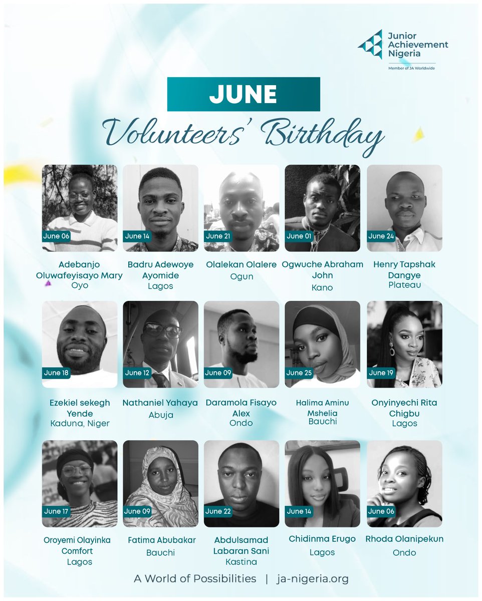 JANigeria's tweet photo. This month, we’re shining the spotlight on our amazing volunteers born in June!🥳🎉

Thank you for making a difference, year after year.

We wish you joy, success, and continued growth! 🌟

#JuneBorn  #JANigeria #VolunteerAppreciation #HappyBirthday https://t.co/30iHVFaj0n