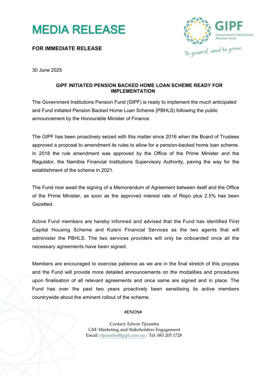 GipfN's tweet photo. GIPF Initiated Pension-Backed Home Loan Scheme Ready For Implementation
#GIPFNamibia #PBHLS #ToGuardandToGrow https://t.co/1U16Pgh1r7