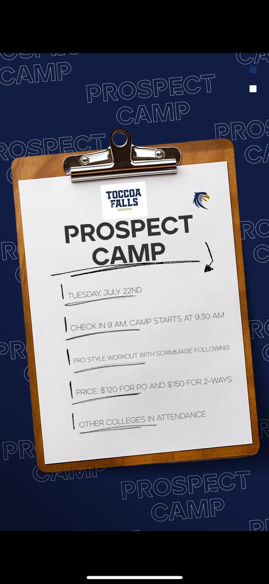 Toccoa Falls is having our summer prospect camp on July 22nd.  Don’t miss out. Going to be great day and a lot of recruiting going on. 

Sign up now. Link below

playnsports.com/event/toccoa-f…