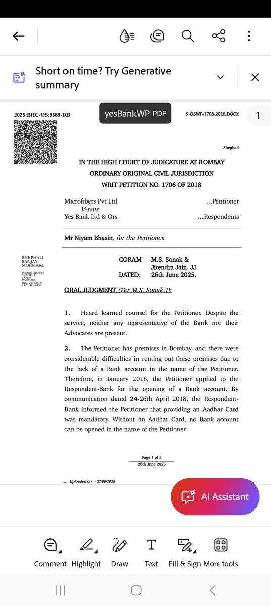 Bombay_Lawyers's tweet image. Rs 50k Fine/damages/compensation awarded by Bombay High against a famous bank for insisting on Aadhaar. I&apos;m Advocate in petition. 
Pls note: banks, mobile operators, schools, colleges, pvt company cannot ask for Aadhaar in lieu of section 57 Aadhaar Act being struck down.Else…