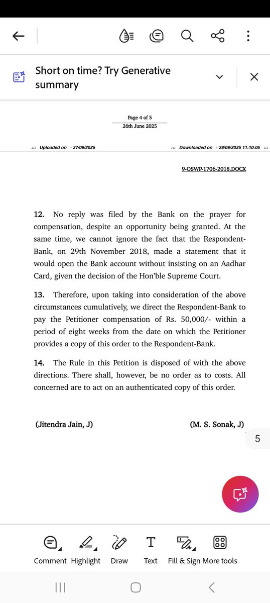 Rs 50k Fine/damages/compensation awarded by Bombay High against a famous bank for insisting on Aadhaar. I'm Advocate in petition. 
Pls note: banks, mobile operators, schools, colleges, pvt company cannot ask for Aadhaar in lieu of section 57 Aadhaar Act being struck down.Else