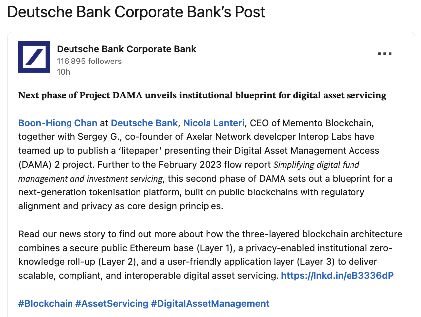 Memento_Bc's tweet photo. DAMA 2 L1-2-3 solution co-built by Memento, @DeutscheBank & @axelar delivers what asset managers need:
🔹 One-stop tokenization platform
🔹 Institutional-grade security
🔹 Regulatory alignment
🔹 Multi-chain distribution
The future of TradFi is tokenized, onchain! 🏛️
$DEXTF https://t.co/VSeeU33NUw