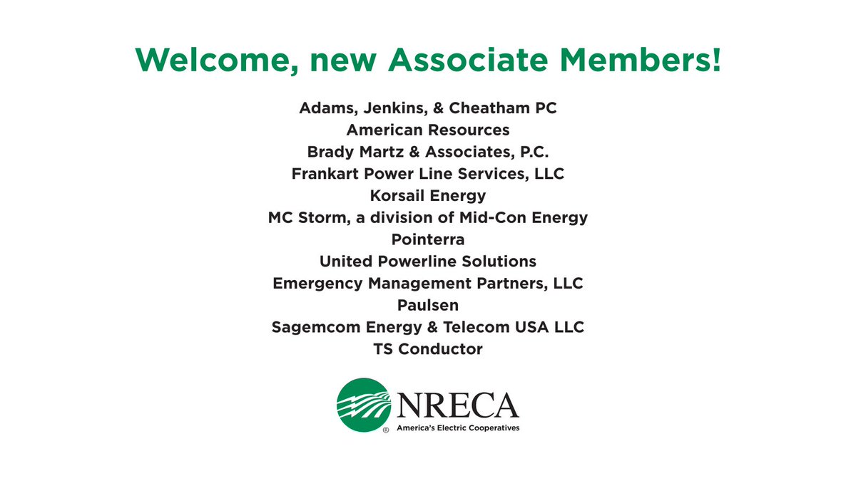 It’s #NewMemberMonday here at NRECA! We’d like to welcome our newest Associate Members for the month of June. Thank you for serving America’s Electric Cooperatives! #CoopFamily
