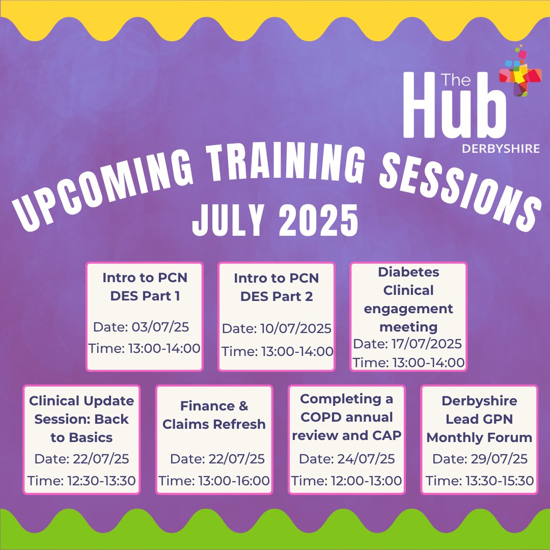 📅 We’ve got some exciting and practical training sessions lined up this July for primary care staff!

Check out a few highlights below.
Want to see the full calendar through 2025? 

Visit our website 👉 thehubplus.co.uk/events-calendar