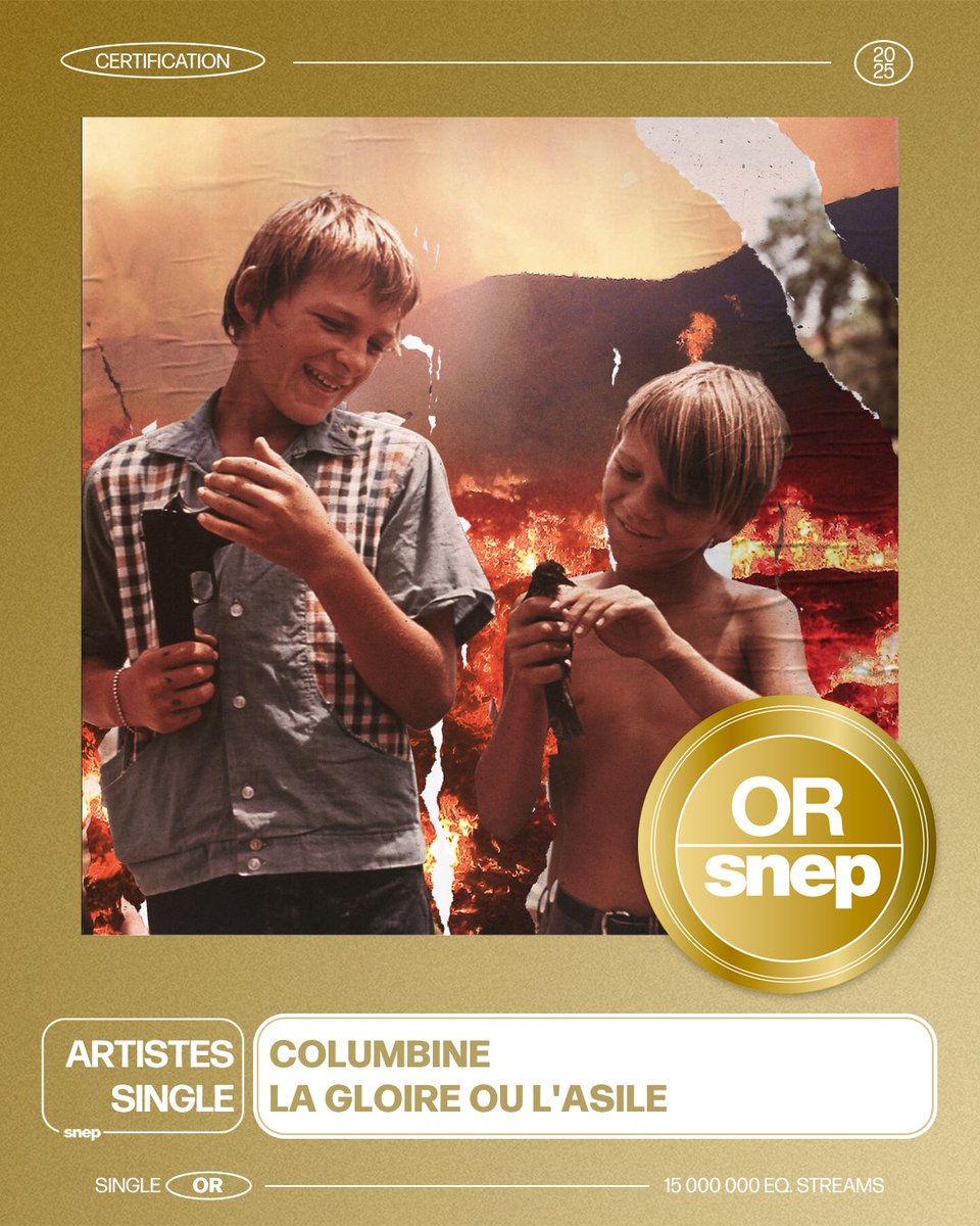 Le titre « La gloire ou l'asile » de Columbine est certifié Single Or ! 📀

15 000 000 équivalents streams 🎧

Bravo ! 👏