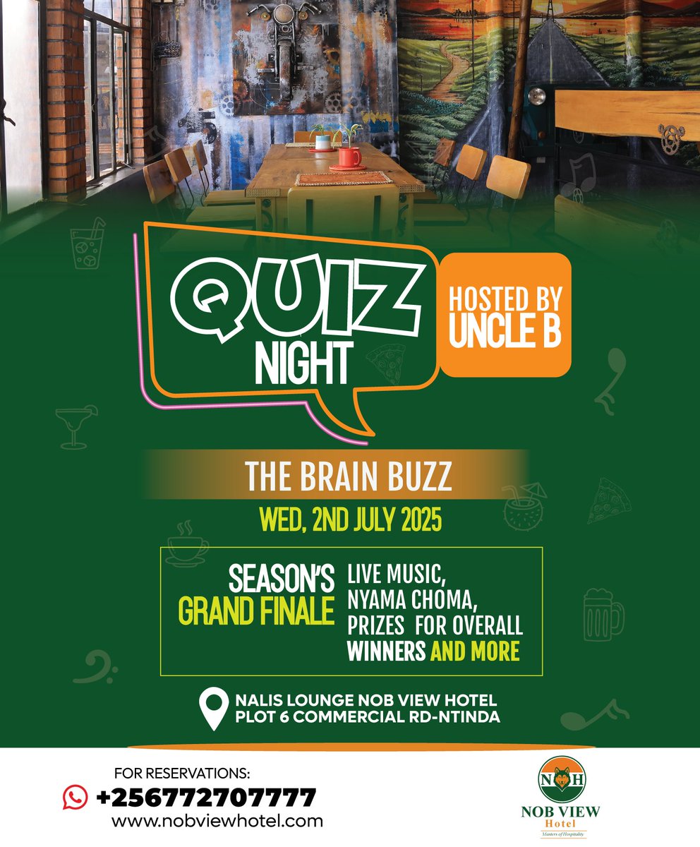 NobviewHotel's tweet photo. Quiz Night – Grand Finale!  
This Wednesday, at Nalis Lounge
Prepare for an epic night as we close the season with a bang!  Live Music |  Nyama Choma |  Prizes for Overall Winners  &amp;  More!
#QuizNightWeds #NalisLounge #NobviewHotel #NyamaChoma #LiveMusic #TriviaNight #FreeWiFi https://t.co/KYV2aKwXob