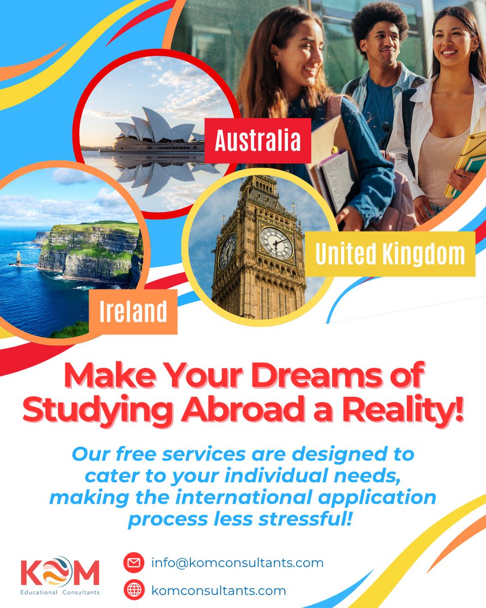 🌍✈️ #Canadianstudents, dreaming of studying abroad? KOM is here to guide you to amazing destinations like #Australia, #Ireland &amp; the #UK! With 30+ years of experience, we offer #free personalized support for your application process. Learn more!  komconsultants.com/about-kom/#why